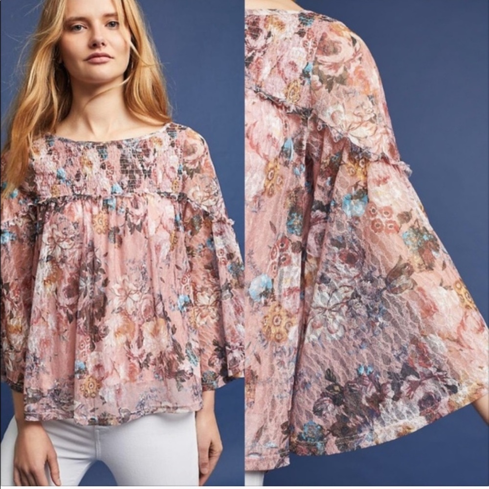 Anthropologie pink floral lace Patrizia blouse
